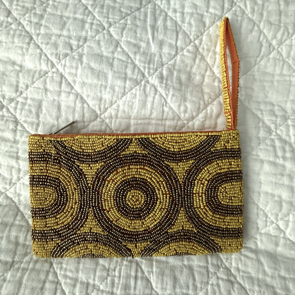 NWOT Beaded Yellow and Brown Clutch made in Mexico - Picture 2 of 7